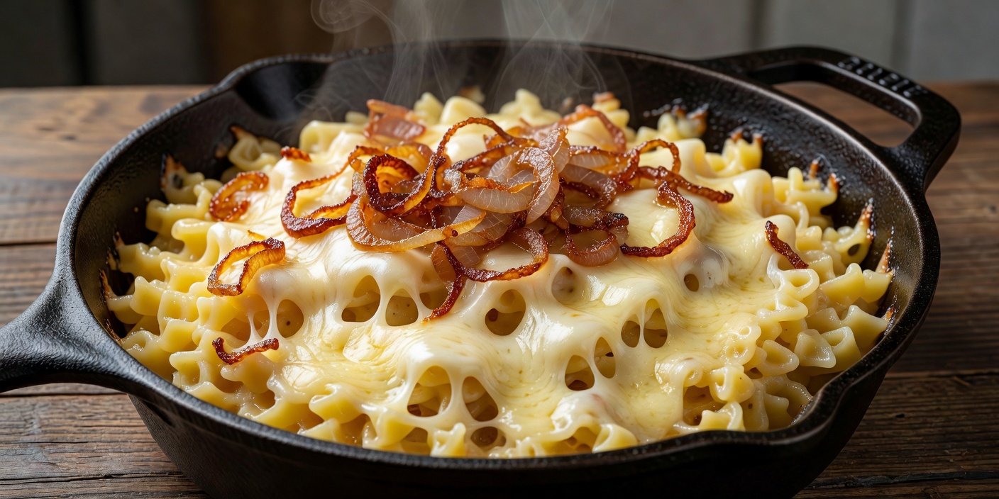 A cast iron skillet of Allgauer Kasespaetzle with melting mountain cheese and crisp onions