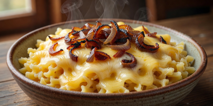 Rustic bowl of German Kasespaetzle with melted Bergkase cheese and caramelized crispy onions