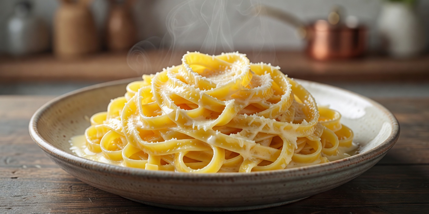 Artisan egg fettuccine glistening in natural sweet butter and Parmigiano Reggiano emulsion