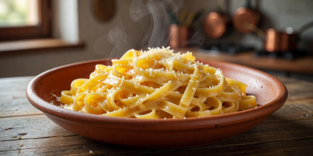 Golden egg fettuccine pasta in authentic rich butter and aged Parmigiano Reggiano emulsion