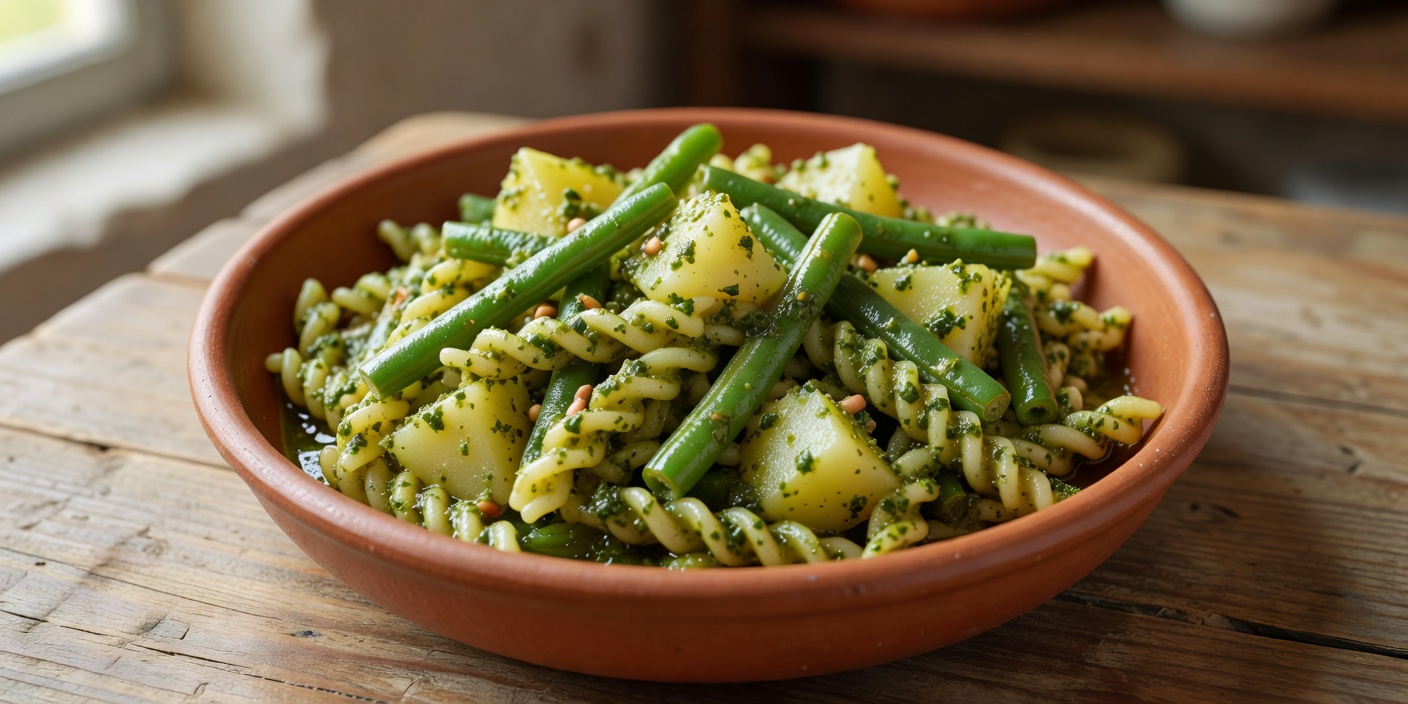 Bowl of authentic Ligurian Trofie al Pesto with tender green beans and soft potatoes