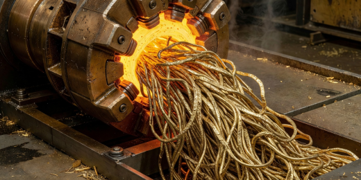 Industrial bronze die extrusion plate with fresh rigatoni exiting the textured brass nozzles