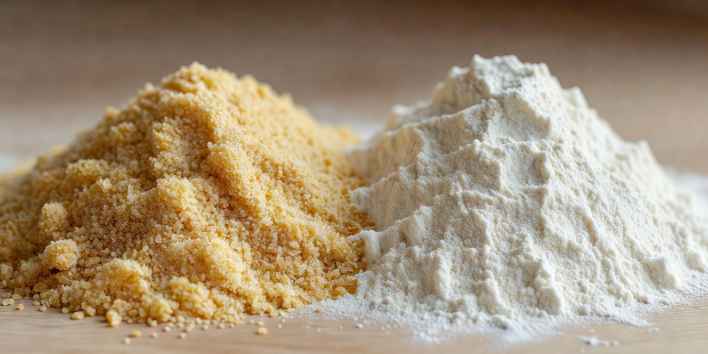 Close-up of golden amber durum semola and soft white tipo 00 wheat flour