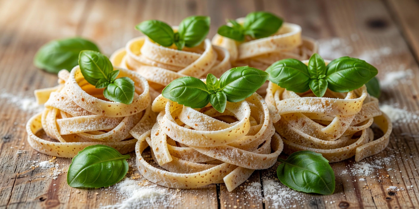 Fresh artisan tagliatelle coiled with whole wheat semolina flour and basil leaves