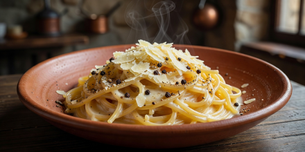 Plate of Roman Cacio e Pepe with freshly cracked Tellicherry black pepper and grated Pecorino Romano cheese