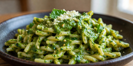 Fresh twisted trofie pasta tossed in bright green Genovese pesto with pine nuts and basil