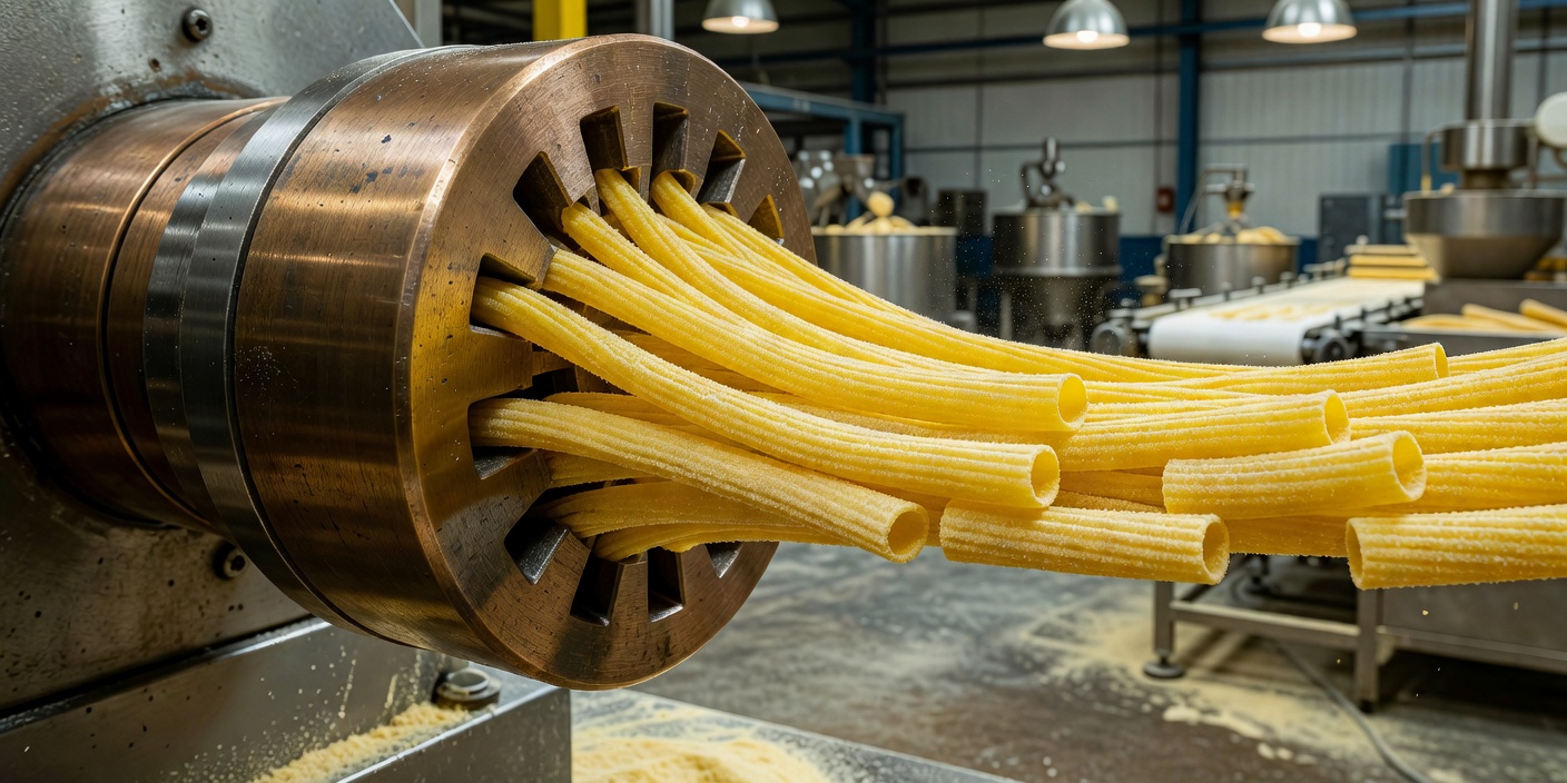 Industrial bronze die extrusion nozzle crafting textured fresh rigatoni pasta cylinders