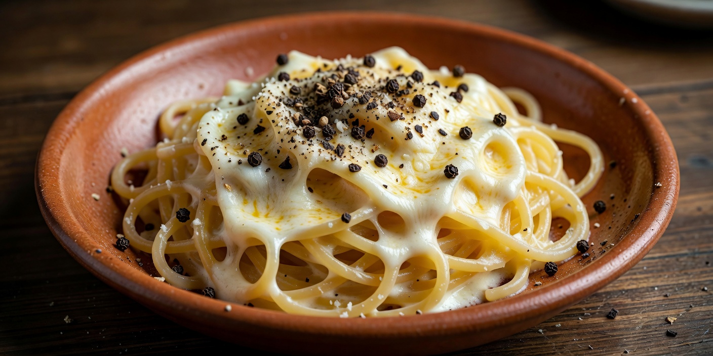 Plated Roman Cacio e Pepe with dense creamy Pecorino coating and Tellicherry black pepper