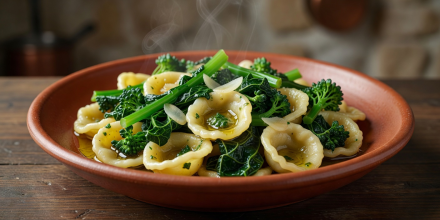 Handmade orecchiette little ears pasta with sautéed broccoli rabe cime di rapa and toasted breadcrumbs
