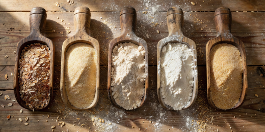 Mounds of Tipo 00 soft wheat flour and yellow durum semola rimacinata grain side by side